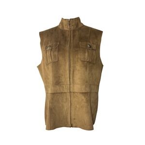 Lauren Ralph Lauren Suede Vest Womens L Full Zip Sleeveless Pockets Brown